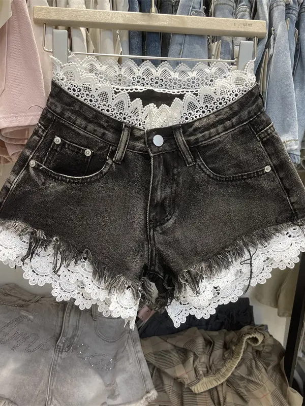 

High Waist Black Denim Shorts Women's Summer Lace Patchwork Outlet Store Miniature Hot Pants Casual Style Hollow out Splicing