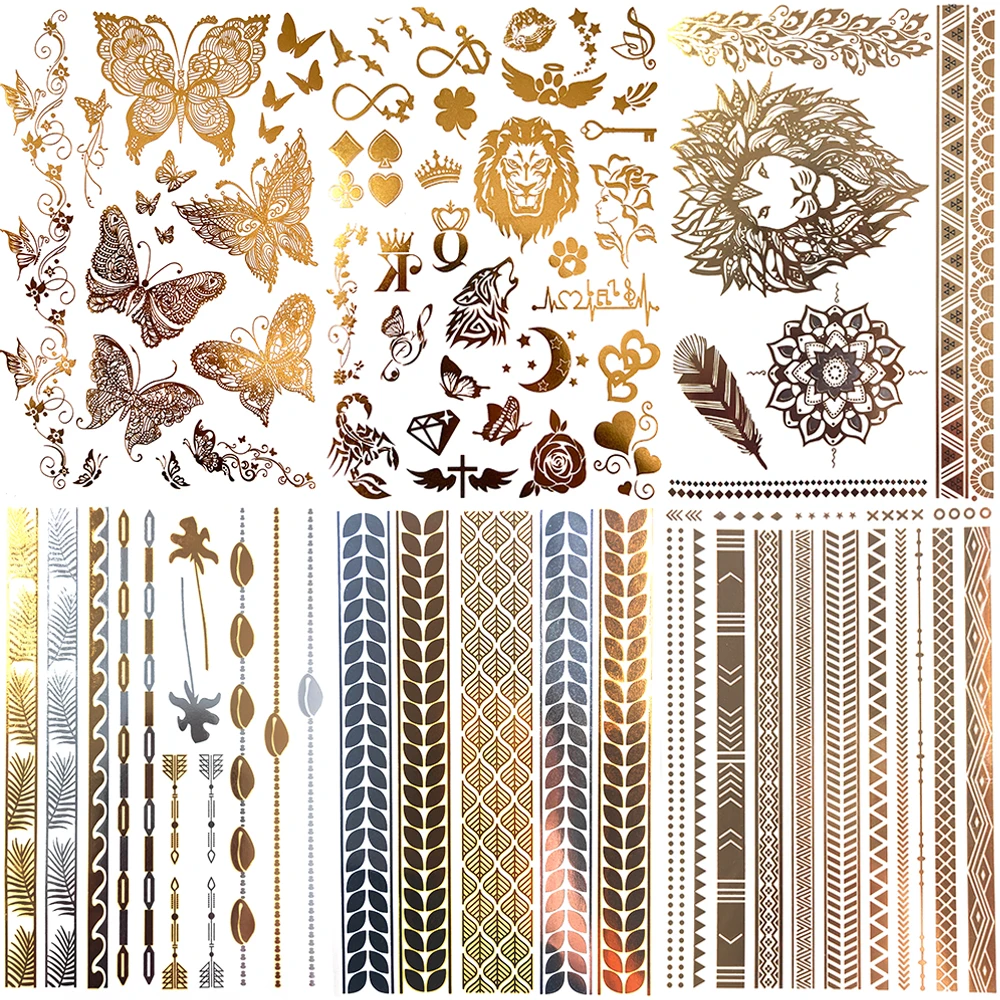 

Временные татуировки с золотыми бабочками и львом для женщин и мужчин, Реалистичная искусственная татуировка, искусственная кожа, маленькая Водонепроницаемая татуировка для рук