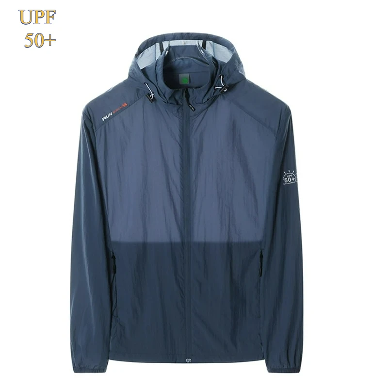 

Summer UPF50+ Men's Hooded Windbreaker Jacket Ultra Light Zipper Pocket Elastic Cuffs Suitable for Outdoor Hiking and Running
