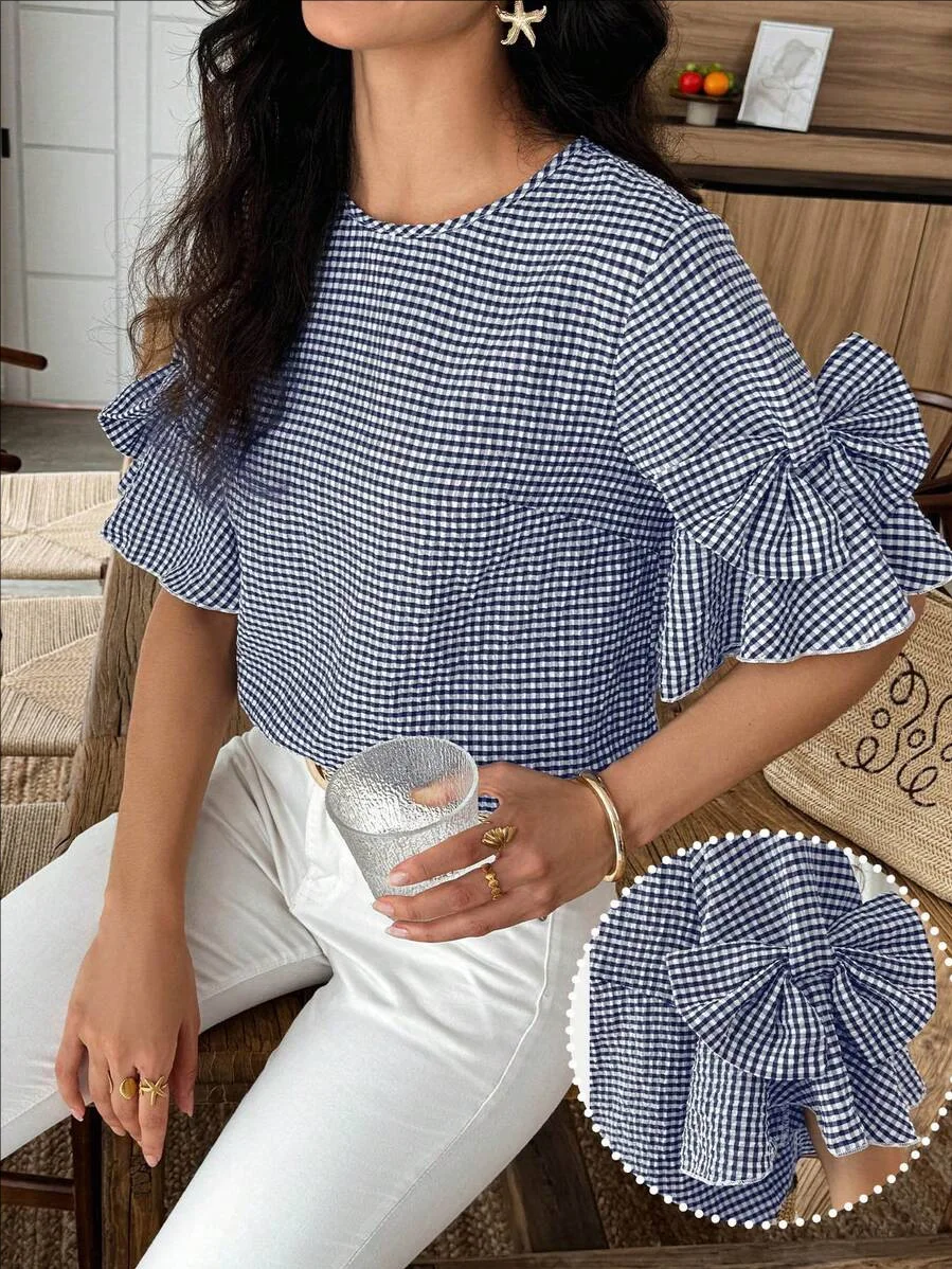 

Sweety Tops Fashion Women Bohemian Blouse 2026 Summer Bowknot Grid Printed Shirts Holiday Pleating Office Tunics Tops Blusas