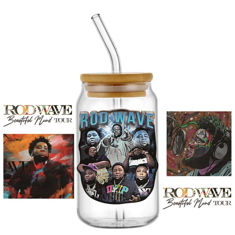 popular Rap Singer Rod Wave UV DTF Wraps Music Fan Collage Stickers for 16oz Glass Cans Waterproof DIY Transfer Decals