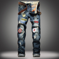 European and American Distressed and Ripped Men's Straight-leg Slimming Fashion Jeans with Badges and Splashed Ink.