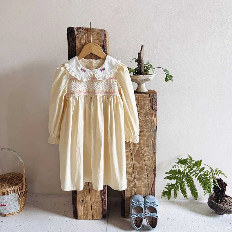 Autumn 2025 Korean Style Embroidered Lace Trim Princess Dress for Girls Long Sleeve Doll Collar Gathered Hem Children's Clothing