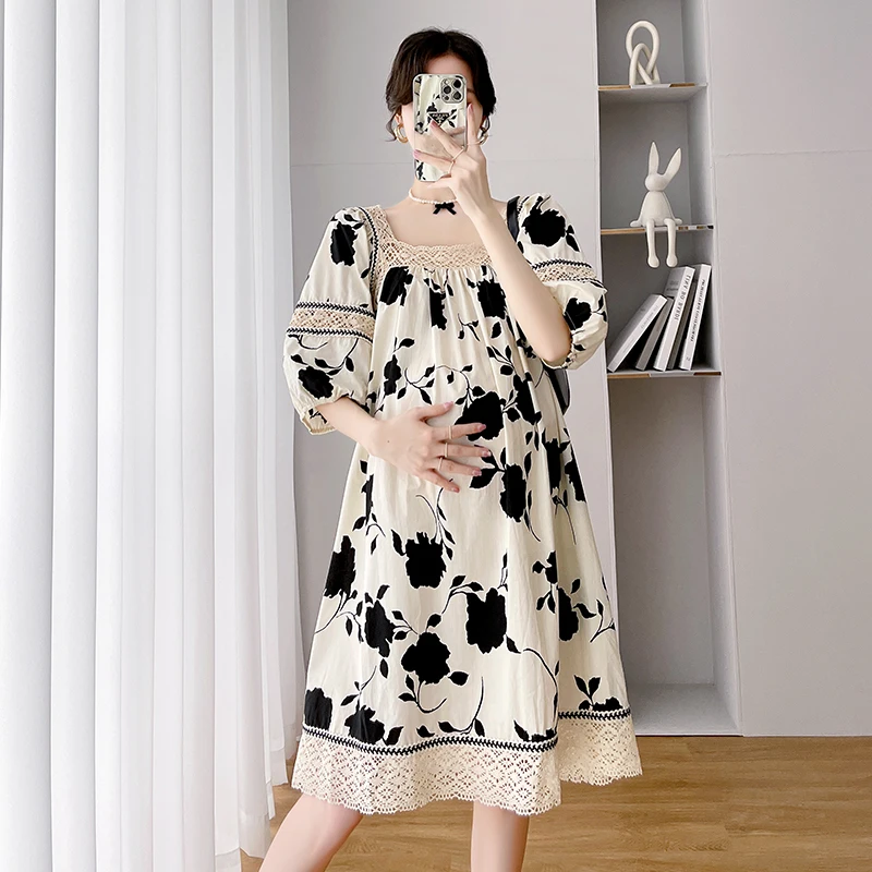 

Maternity Fashion Printed Patchwork Cotton Lace Dress Sweet Square Collar Puff Sleeve Hollow Out Lace Hem Pregnant Woman Dresses