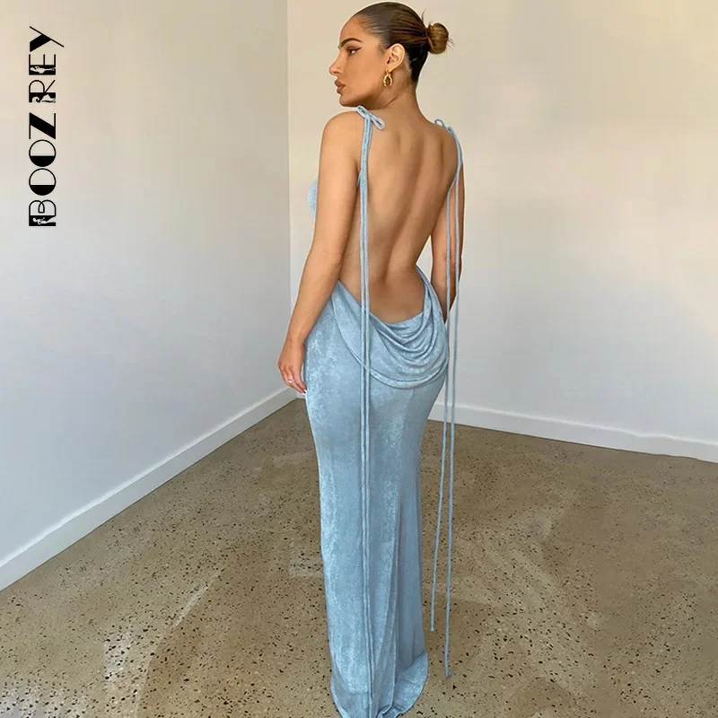 BoozRey Halter Sexy Backless Draped Maxi Dress for Women 2022 Summer Elegant Fashion Party Long Straps Shift Dresses Clothes