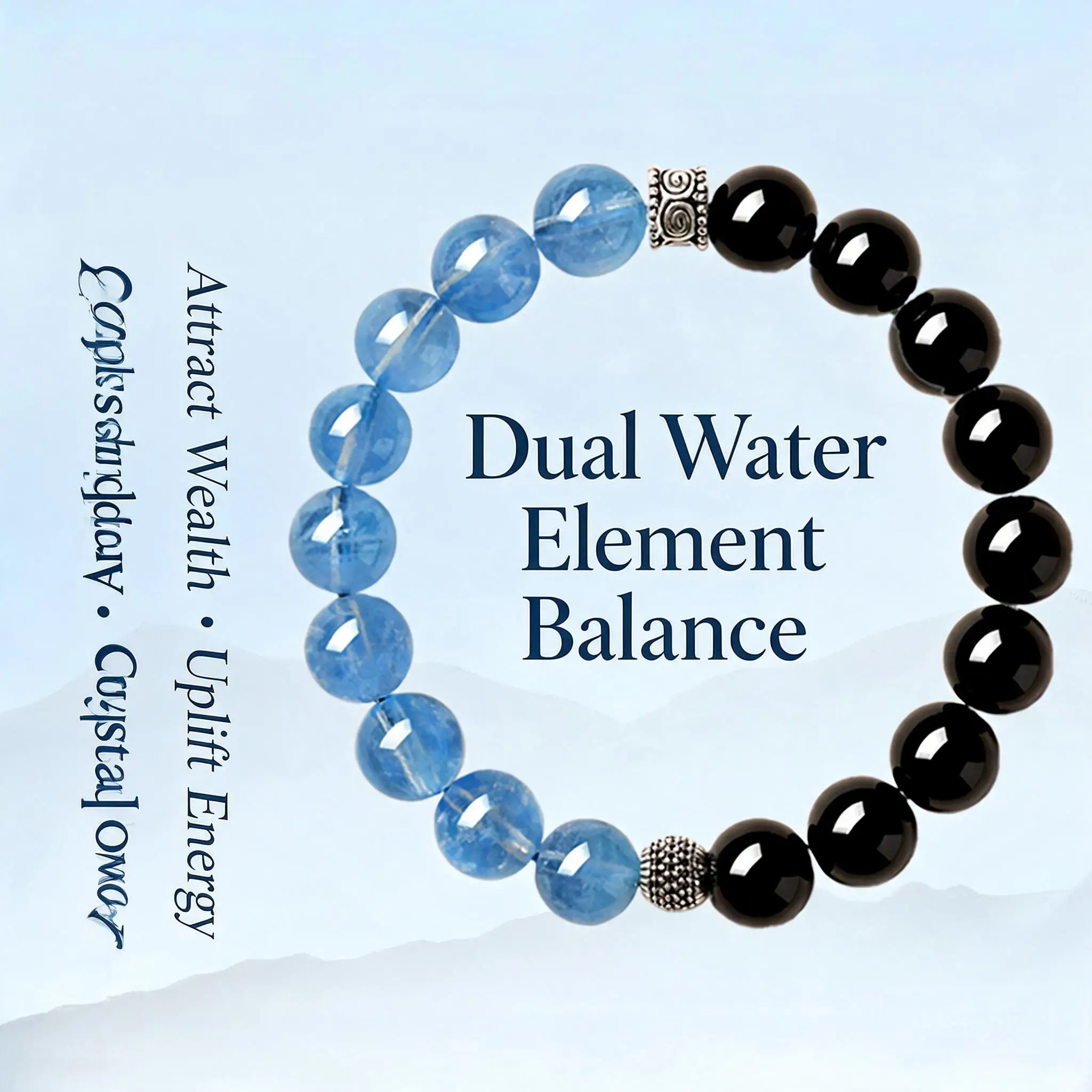 Chinese Style 925 Silver Blue Chalcedony Obsidian Handstring Bracelet Handmade Beaded Lucky Wealth Fortune Blessing Unisex Gift
