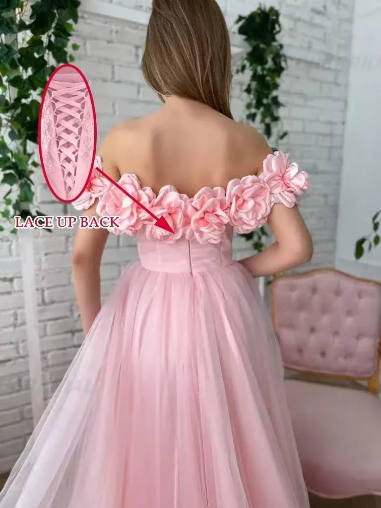 Vestidos de graduación de color rosa con flores de tul, plisados de flores hechos a mano, vestido de noche largo hasta el suelo con abertura lateral, vestidos de fiesta elegantes para graduación