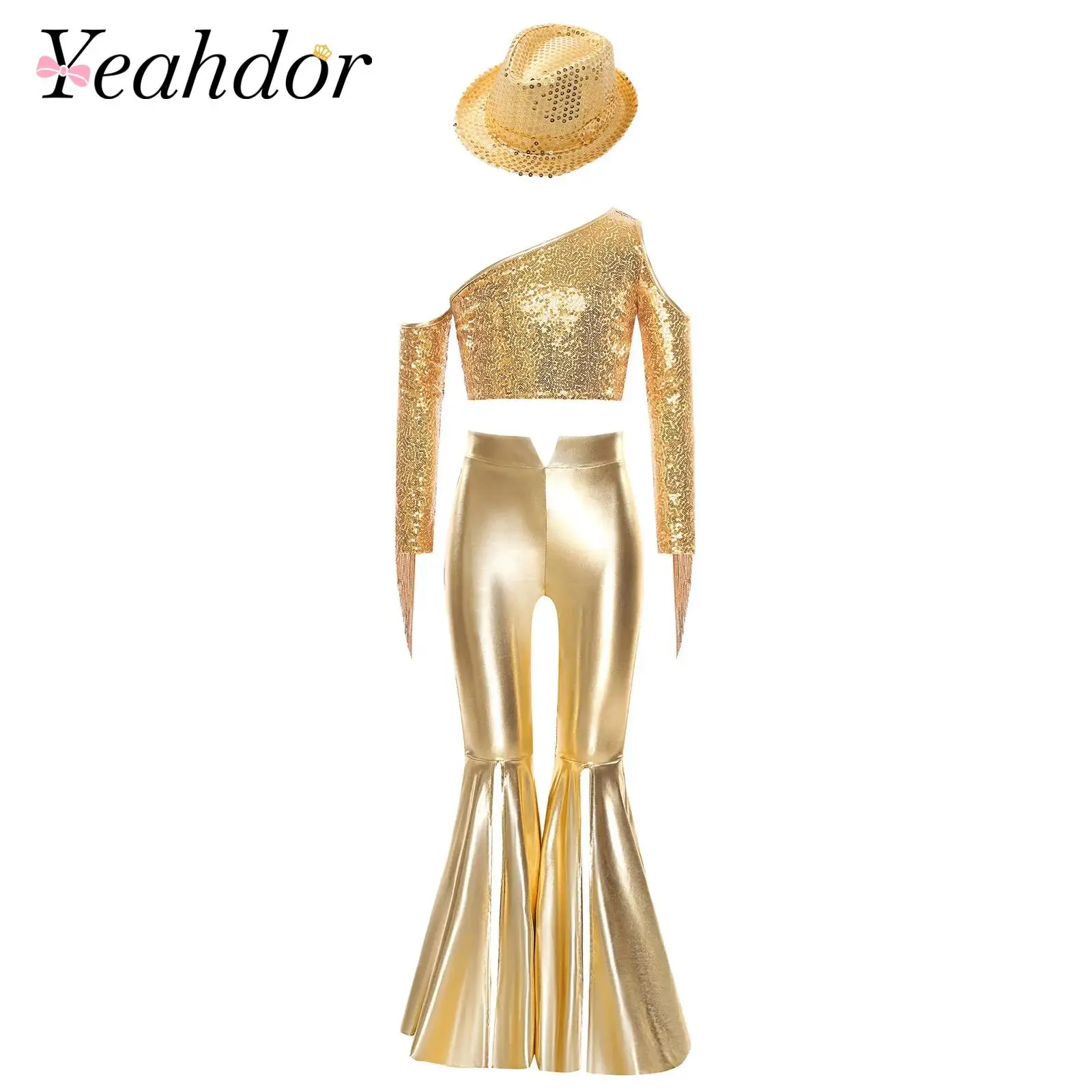 Children Jazz Hippie Costume Metallic 70S Disco Outfits for Girl Fashion Kids Sequins Dancewear Crop Top + Bell Bottom Pants