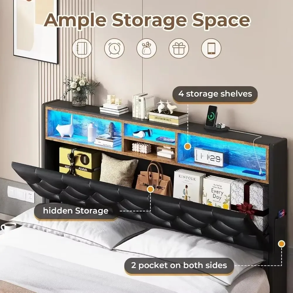 Queen Size Bed Frame with 3-Tier Headboard & Hidden Storage, 4 Drawers and Charging Station, Upholstered LED Metal Bed Frame image 4