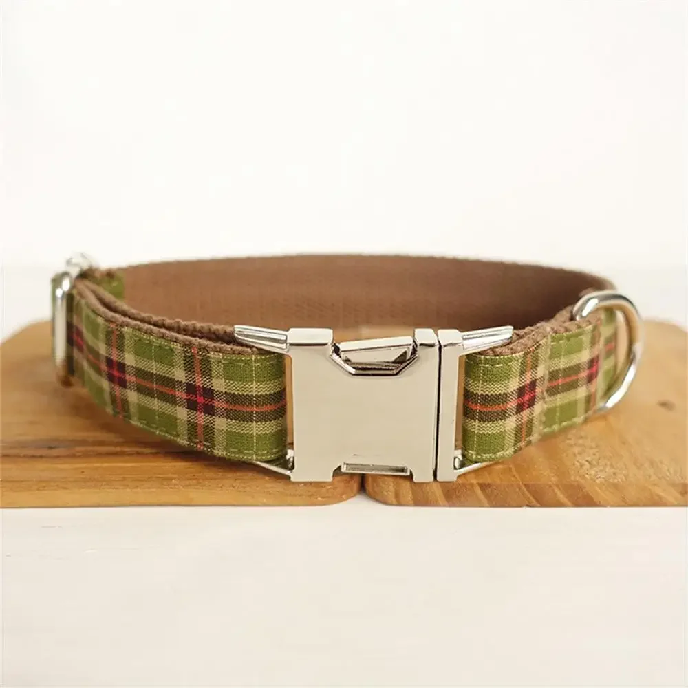 Personalized Pet Collar Customized Nameplate ID Tag Adjustable Soft Green Brown Suit Plaid Cat Dog Collars Lead Leash