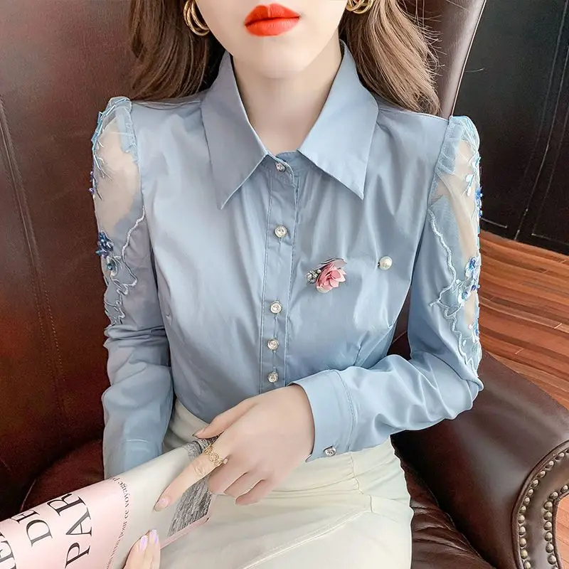 Spring Autumn POLO Collar Fashion Long Sleeve Shirt Women Hollow Out Button Patchwork Embroidered Cardigan Vintage Elegant Tops