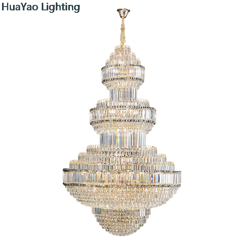 2024New European Duplex Large Chandelier Villa Building Middle Floor Living Room Crystal Lamp Hollow Hall Long Chandelier Luxury