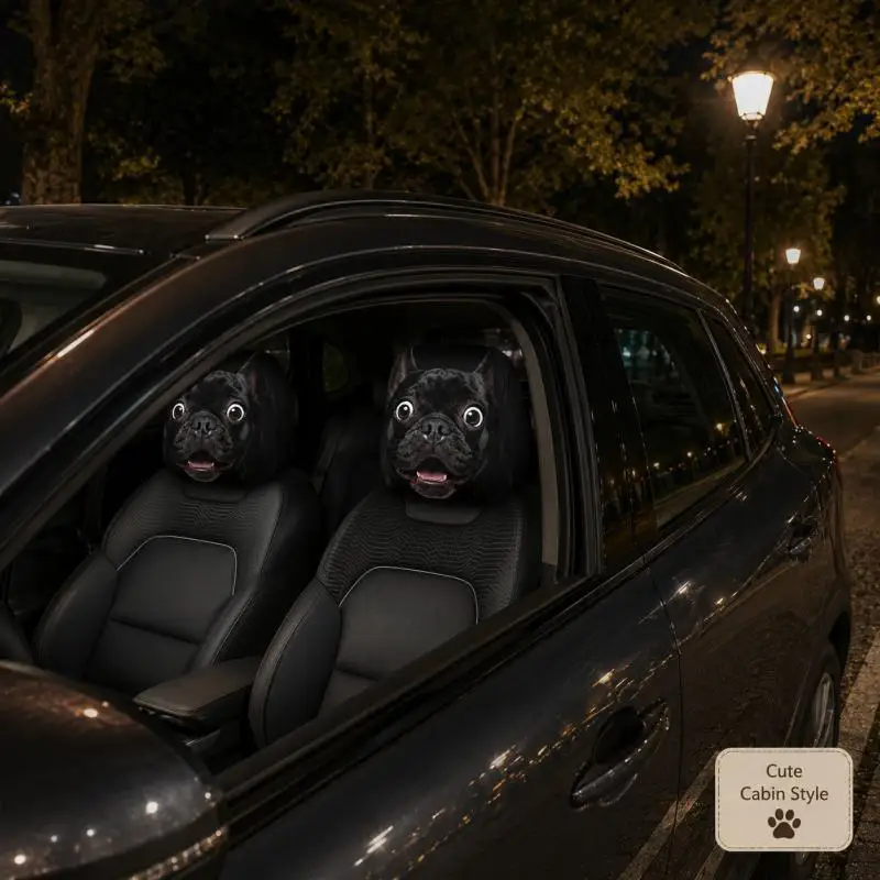 Funny Black French Bulldog Car Headrest Cover, 2D Double-Sided Printed Universal Stretch Car Interior Headrest Decor