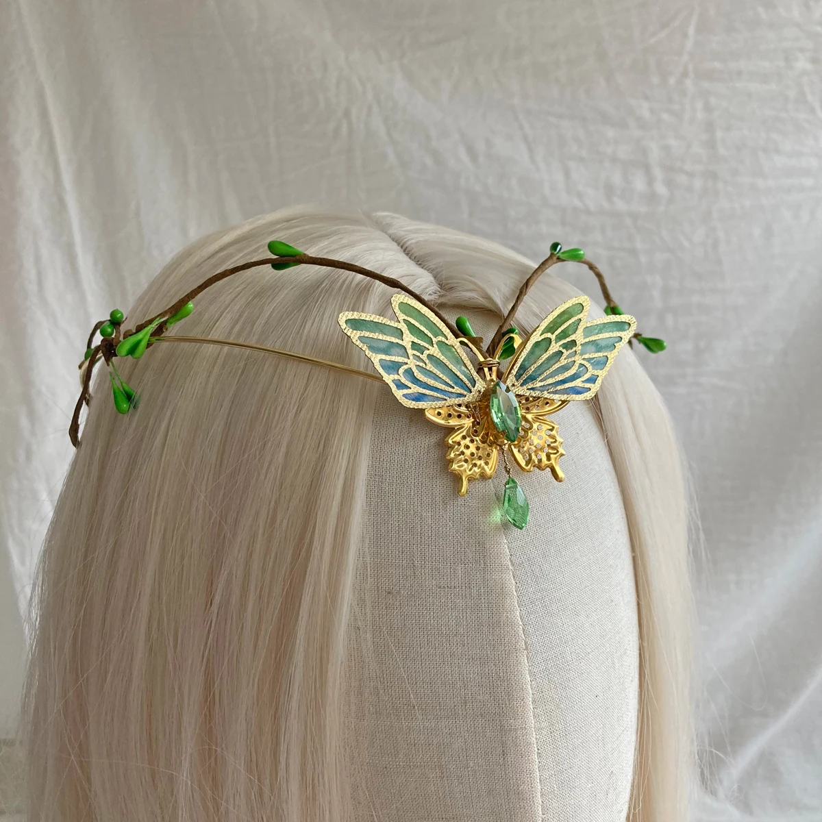 

Enchanted Emerald Fairy Forest Woodland Tiara Grass green Cloth Butterfly Elf Women Wedding Bride Crown Fairycore Costume