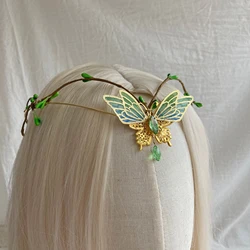 Enchanted Emerald Fairy Forest Woodland Tiara Grass green Cloth Butterfly Elf Women Wedding Bride Crown Fairycore Costume