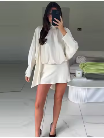 Elegant Satin Mini Dress For Women Fashion Scarf Collar Batwing Sleeve Waist Dress Lady 2025 Autumn Chic Party Evening Vestidos