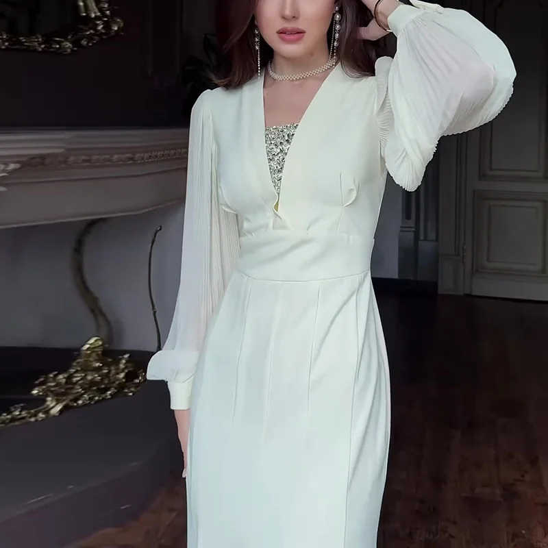 

Spring Solid High Waist Pleated Long Dress Elegant V Neck Sequin Trumpet Party Dress Women Autumn Puff Sleeve A-Line Maxi Dress