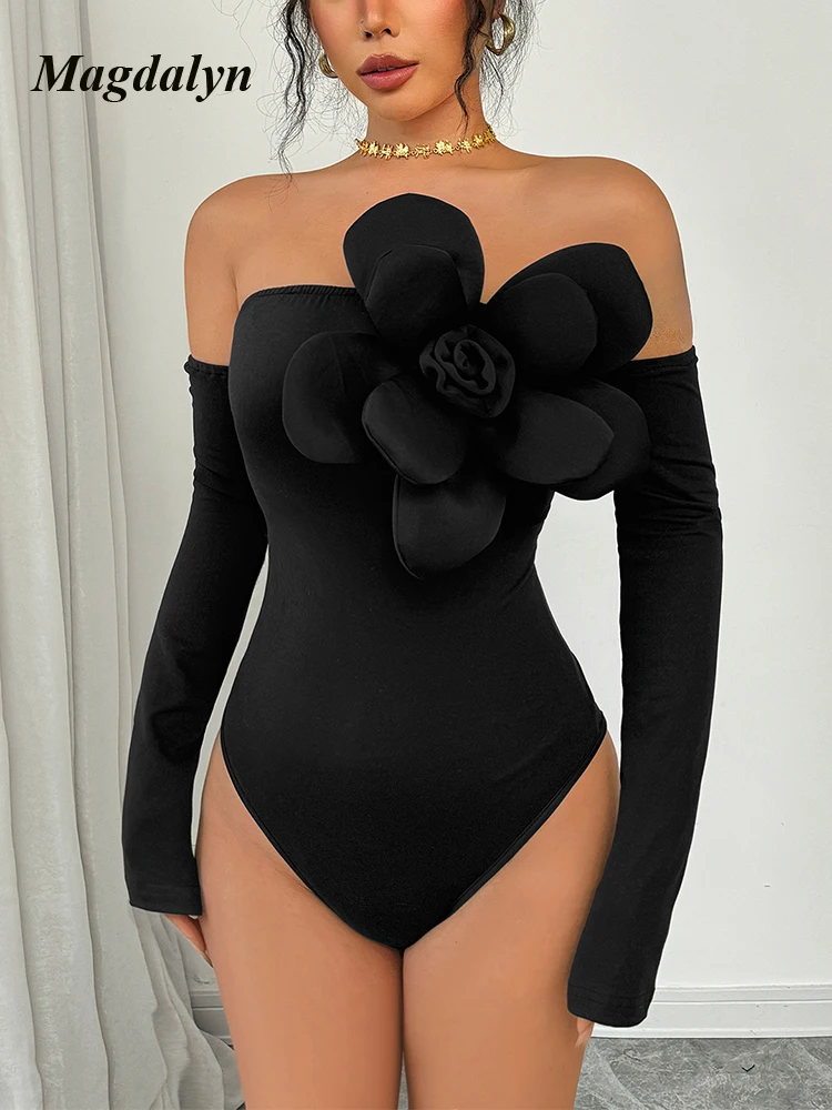 

Magdalyn Women Sexy Floral Bodysuits Off Shoulder Catsuits Long Sleeves Skinny Slack Neck Onesie Elegant Solid Rompers Lingerie