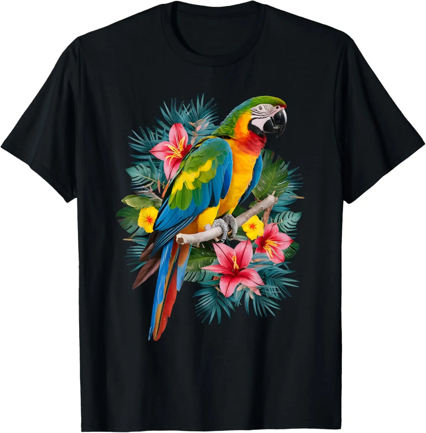 

Tropical Macaw Parrot With Hibiscus Flowers Graphic Tee Breathable Cotton Shirt Summer Vacation