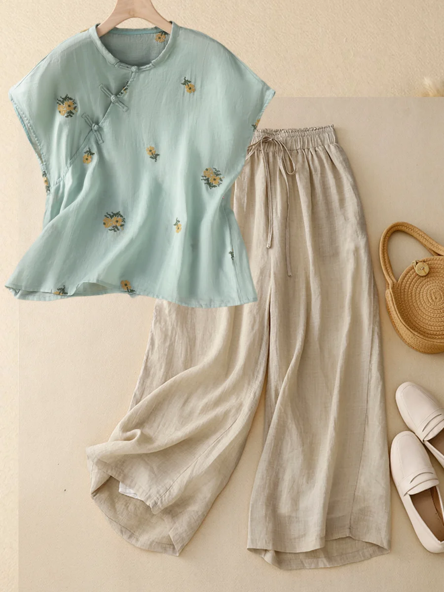 

Young Chinese Style Cotton Linen Wide Leg Pants Women's Summer Fashion Set Two Pieces round Neck Short Sleeve Shirt And Pants