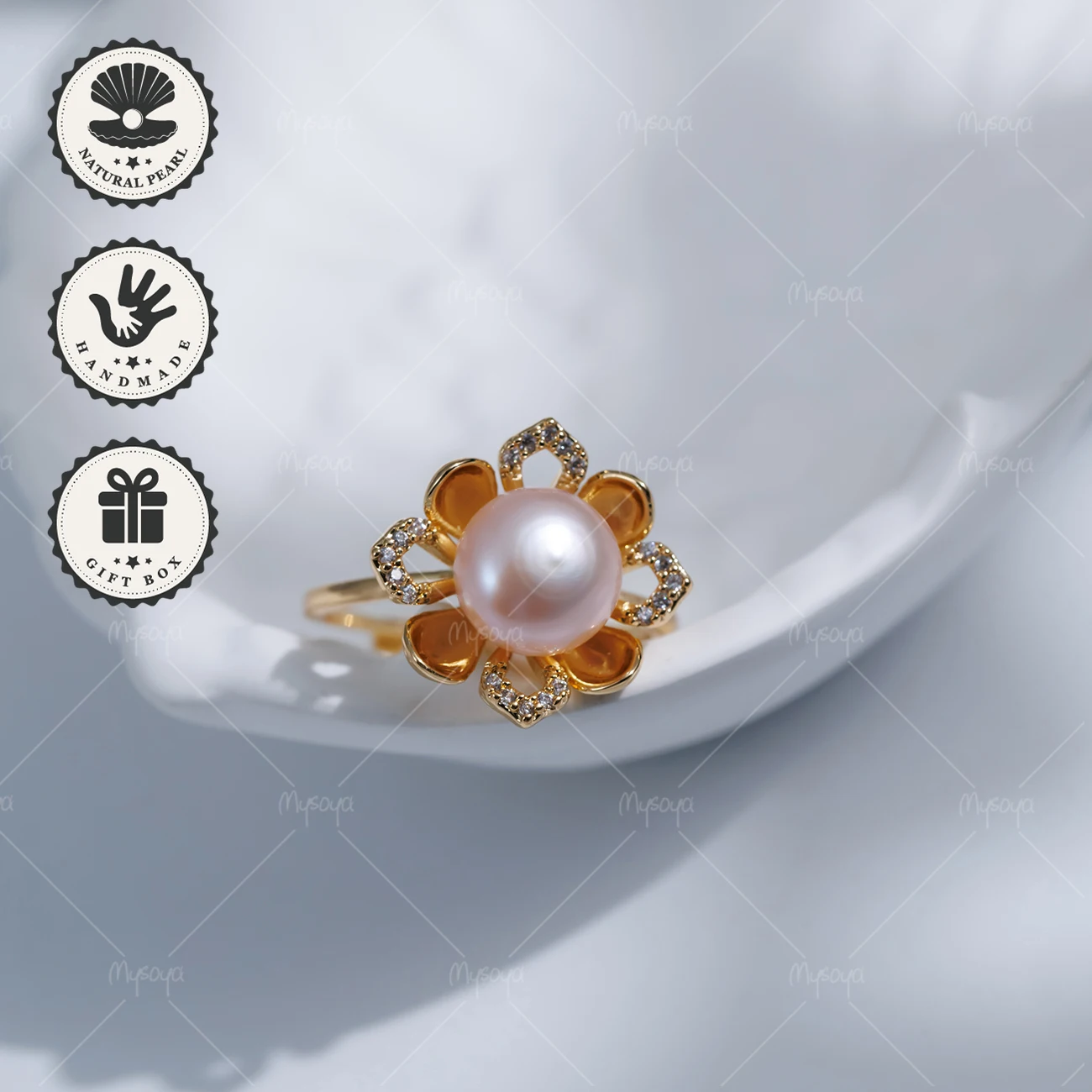 

MYSOYA 8-9mm White Freshwater Pearl Adjustable Ring with Golden Flower CZ, Birthday Gift, Valentine’s Day, Anniversary Gift