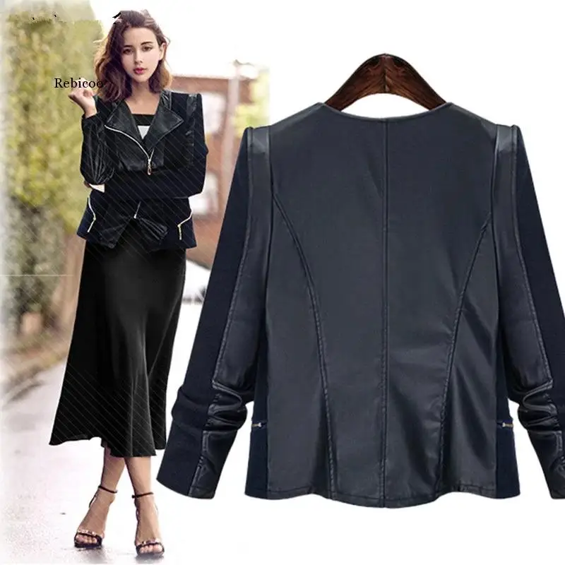 

Rebicoo Jackets Womens PU Leather Overcoats Turn-down Collar Zipper Slim All-match Patchwork Elegant 2021 Women Jacket