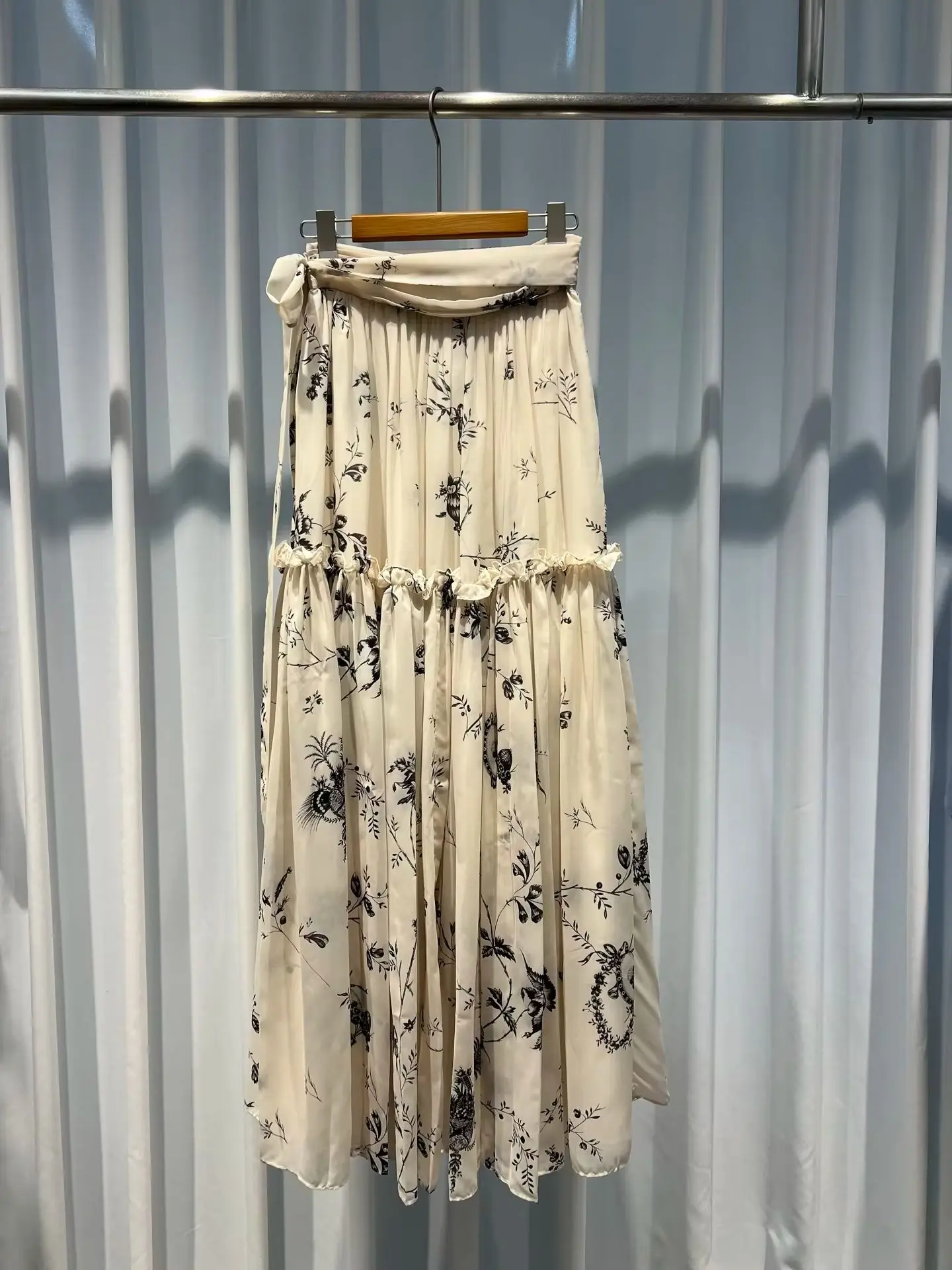 Women Floral Print Lace Up High Waisted Fashion Long Skirt