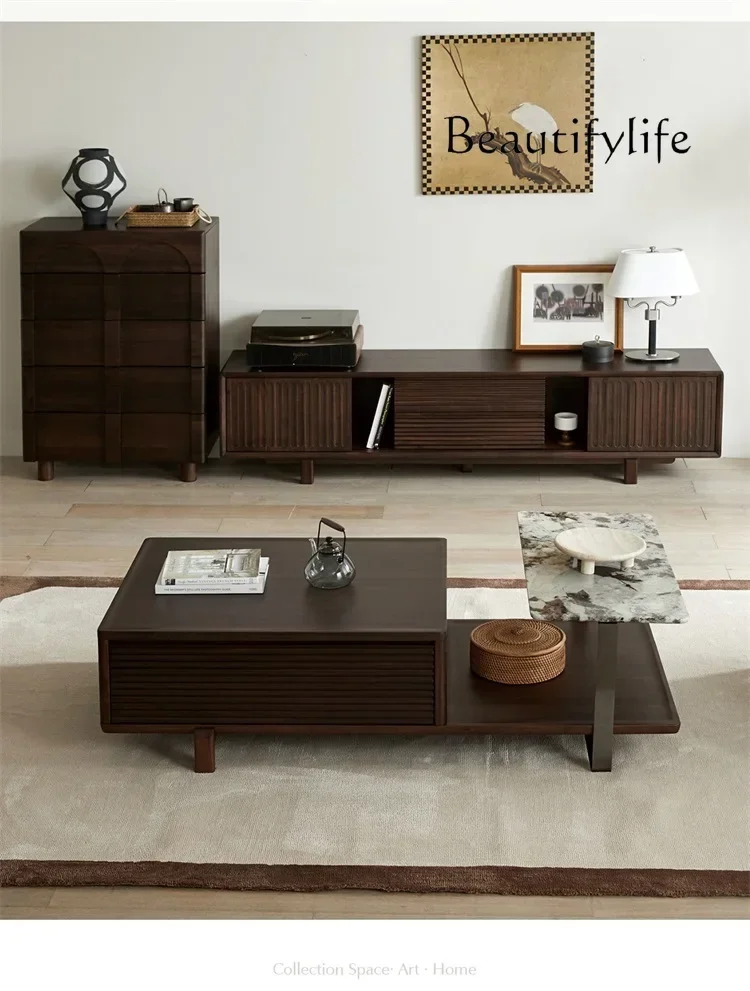Chinese Ancient Style Modern Living Room Black Walnut Wooden Tea Table Marble Rectangular Double-Drawer Tea Table