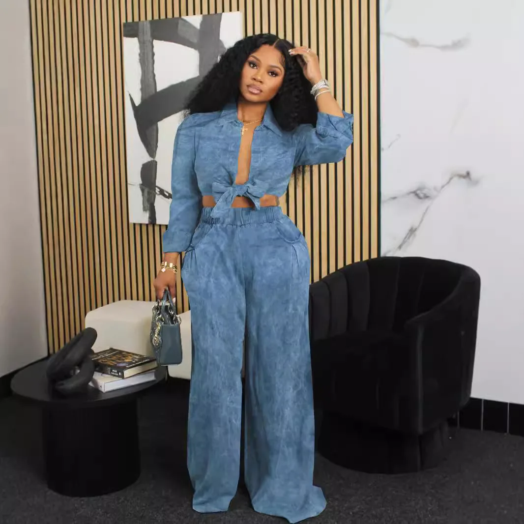 

Spring Summer New Denim Blue Women's 2-piece Set Long-sleeved Short Shirt Top + Casual Loose Wide-leg Pants Two-piece Suit