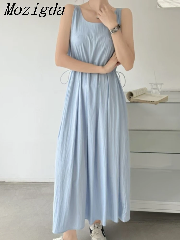 여름 솔리드 O넥 플리츠 여성 탱크 드레스 신상 한국 슬리브리스 캐주얼 루즈핏 A라인 드레스 포켓 여성용