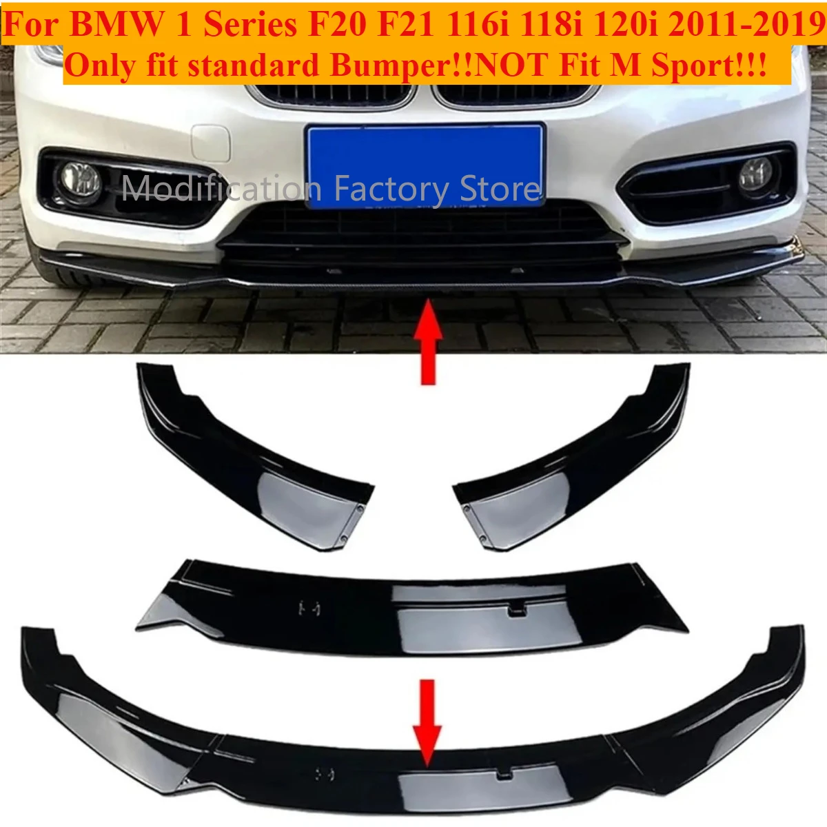 For BMW F20 F21 1-Series 116i 118i 120i 2011-2019 Car Front Bumper Spoiler Lip Fit Sandard Bumper 3x Bumper Canard Lip Splitter