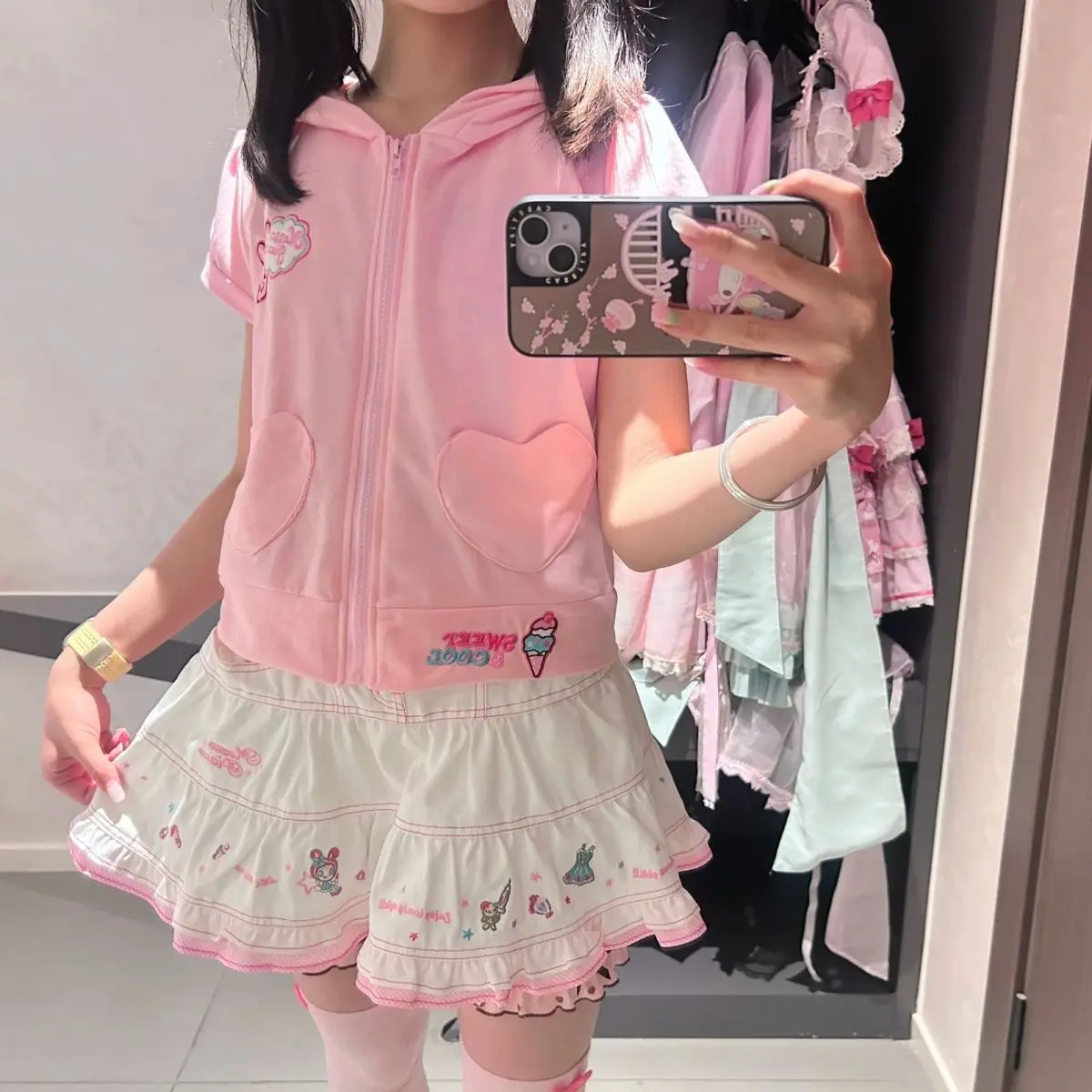 Summer New Sweey Girl Pink Jackets Coat Japanese Cartoon Mp Embroidery Cute Jojifuku Short Sleeves Zipper Hoodie Y2k Top - view 4
