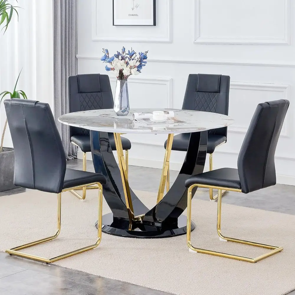 

42 Marble Top Dining Table Set with 4 Upholstered Chairs for Kitchen, Dining, Living Spaces