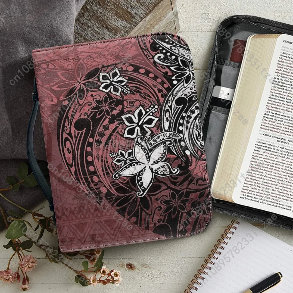 المرأة غطاء الكتاب المقدس الجلدية موضة بولينيزيا فرانجيباني طباعة الكتاب المقدس حقيبة انغلق مقبض حقائب اليد حقيبة تخزين الكتاب المقدس المخصصة
