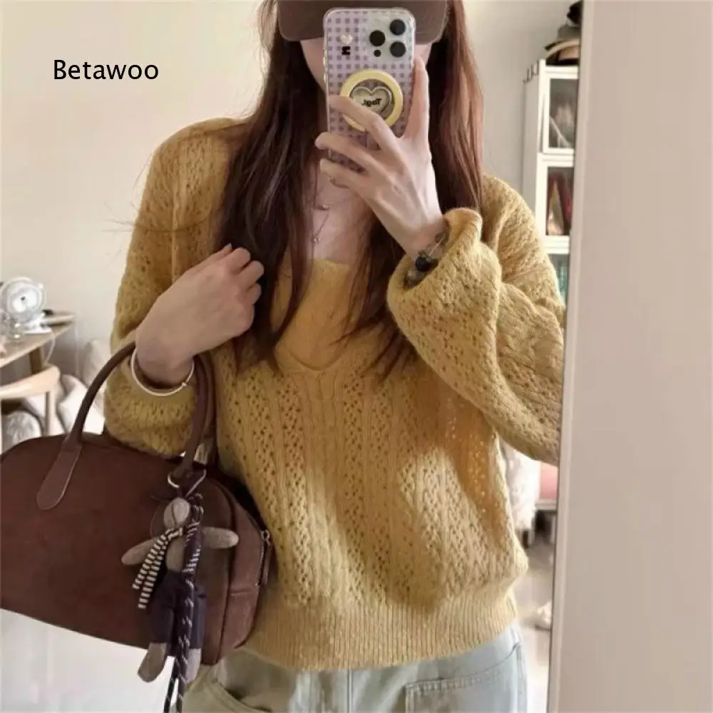 Ladies Loose Hollow Knit Cover Up Matching Sleeveless Cami Tank Top Two Piece Set V Neck Long Sleeve Lightweight Fashion Outfit