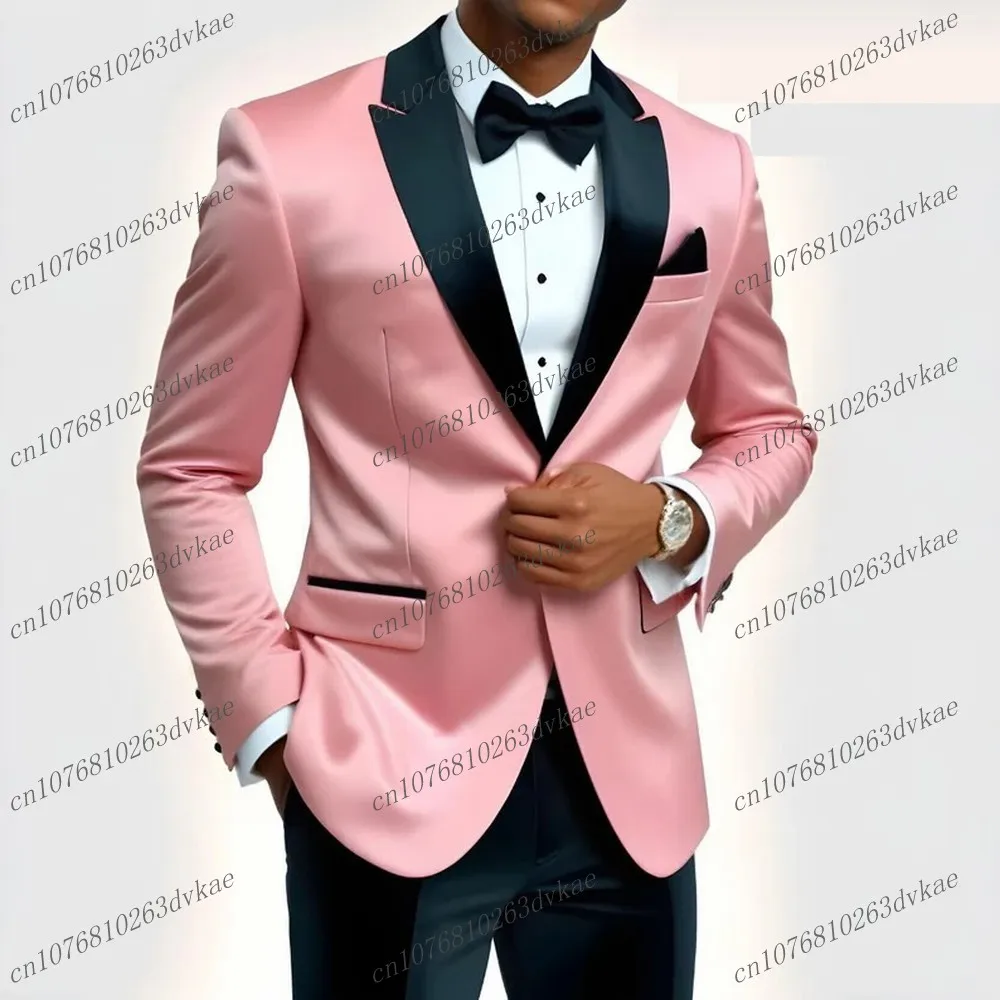 

Розовый и черный ацетатный атласный мужской костюм для свадебной вечеринки, формальный жених, жених, выпускного вечера, деловые мужские смокинги, комплект из 2 предметов, куртка, брюки