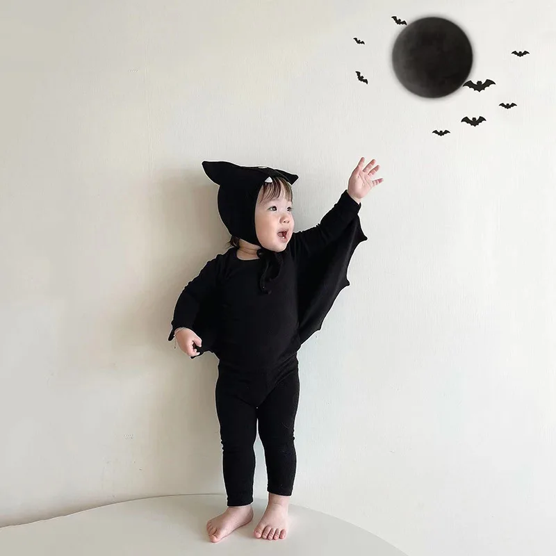 2024 New Baby Halloween Clothes Set Newborn Infant Bat Sleeve Bodysuit + Hat Boys Girls Toddler Kids Halloween Party Clothing