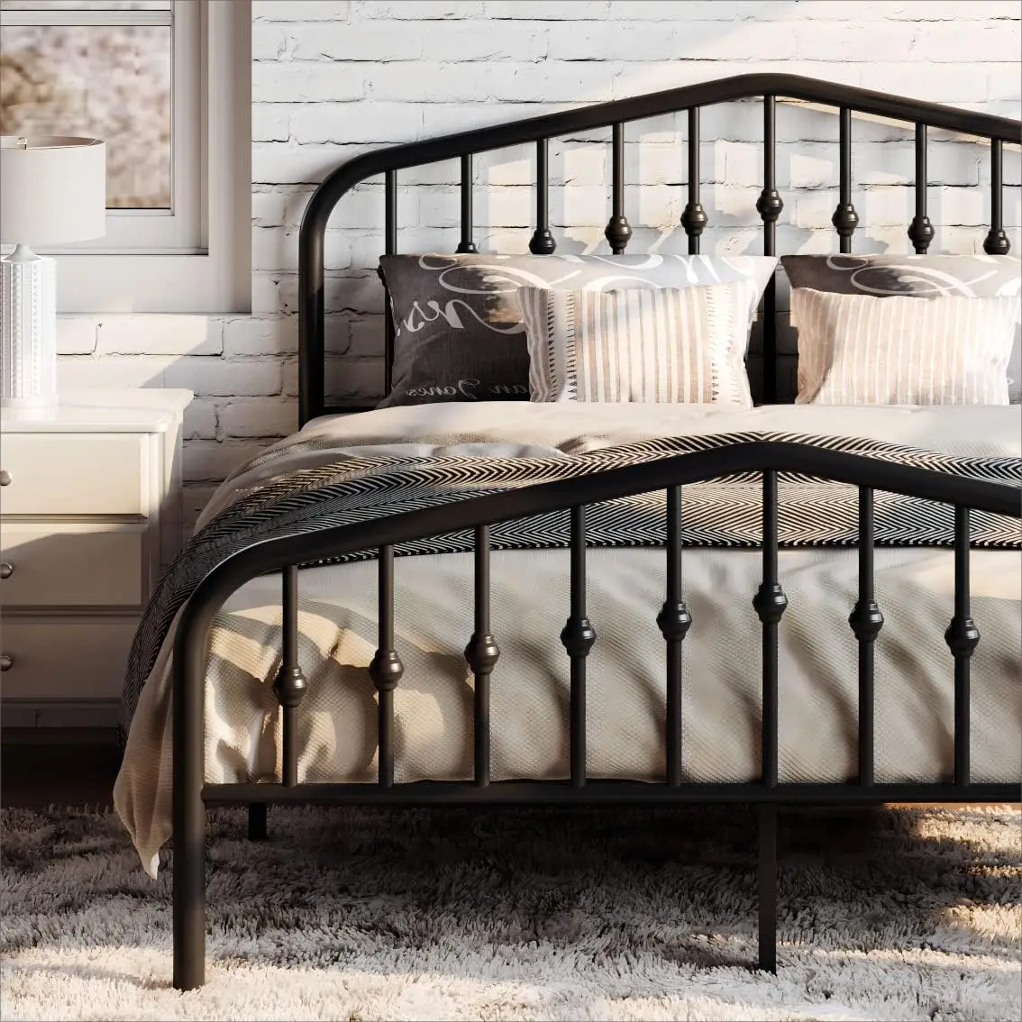 Queen Size Metal Platform Bed Frame, Victorian Style Wrought Iron Art Headboard And Footboard, Heavy Duty Mattress Foundation, Under Bed Storage Space, Black
