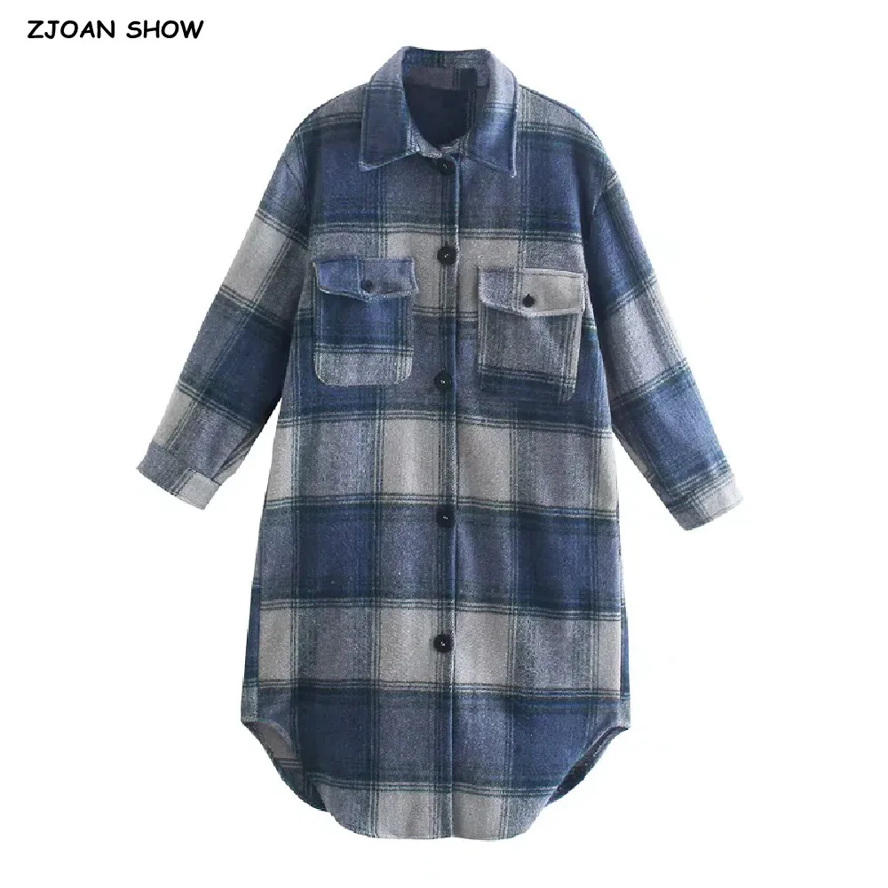 Autumn Winter Blue Gingham Check Plaid Midi Long Shirt  Women Lapel Single-breasted Buttons Causal Blouse Tops