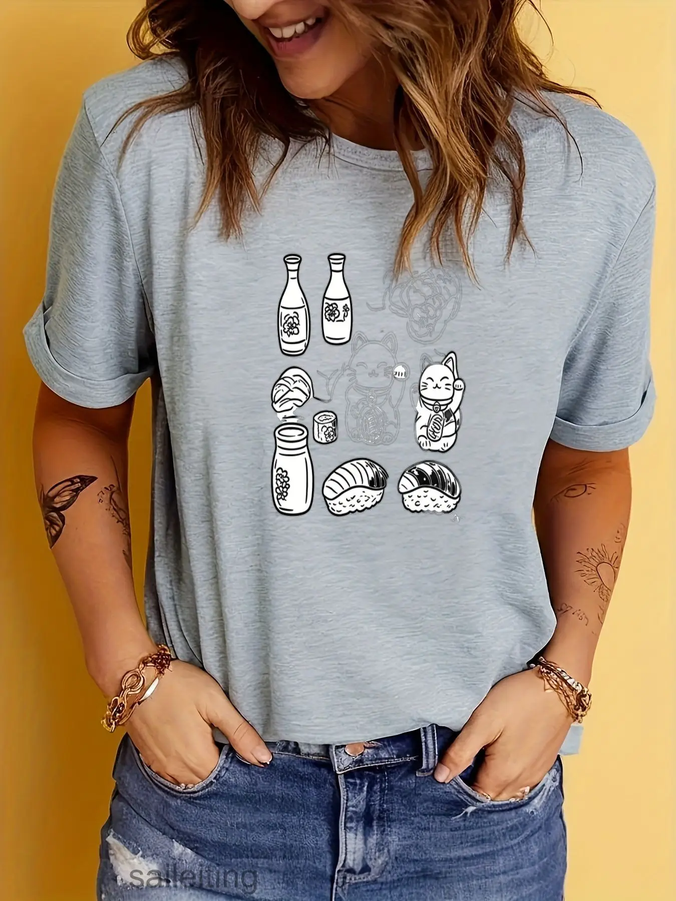 Japanese Sake Sushi Ramen Maneki Neko Cat Line Art T-Shirt, Short Sleeve Rolled Up Tee, Casual Summer Breathable Top for Wome