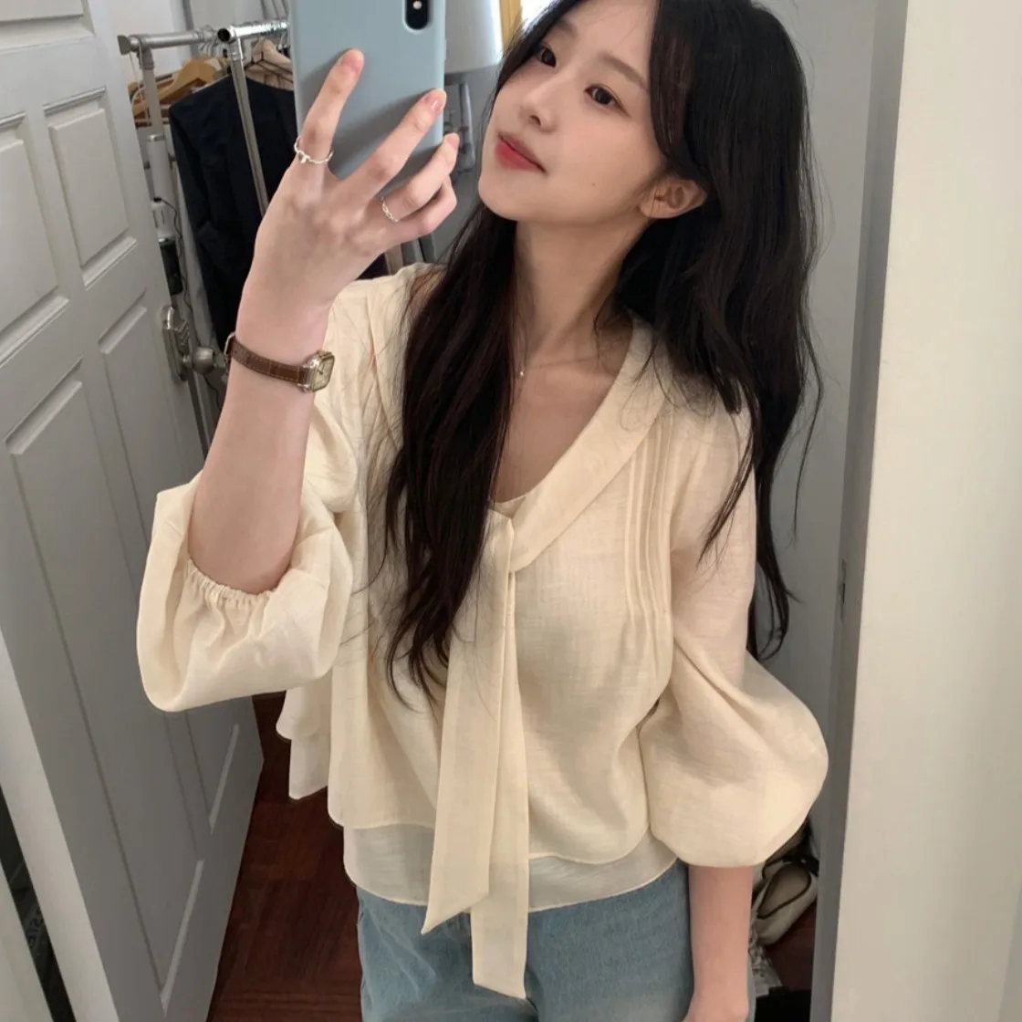 Korean Style Chic Spring New Bow Tie Versatile Women's Shirt Loose Fit Short Sleeve Lace Snowflake Fabric Premium Quality