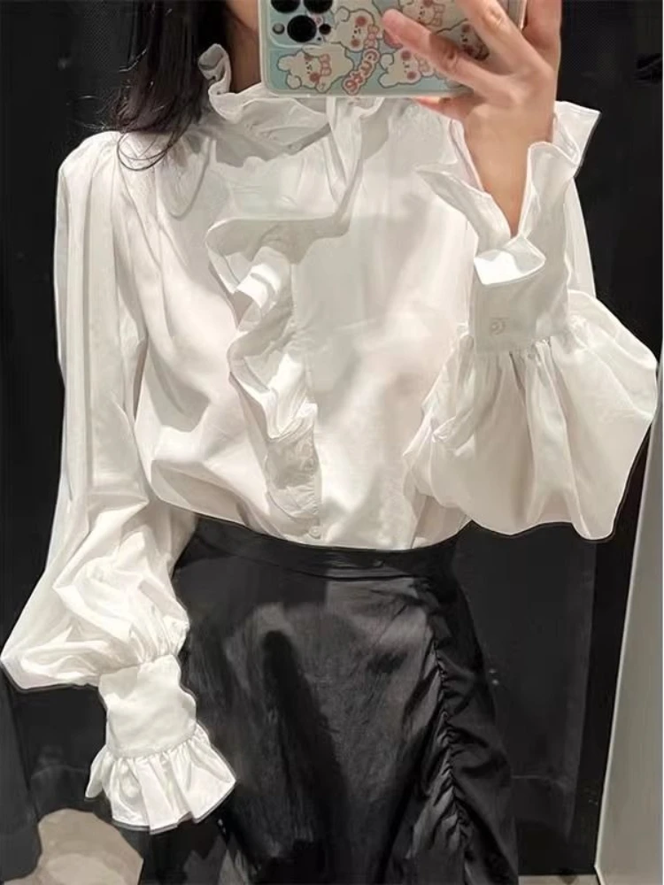 Camicetta francese stile corte medievale Lolita Casual manica svasata piega coulisse colore puro unisex abbigliamento cosplay T-shirt autunno