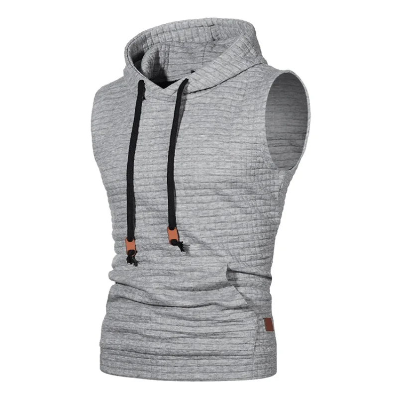 Men Workout Hoodie Breathable Sleeveless Men\'s Hooded Tank Top for Summer Loose Fit Solid Color Drawstring Pullover for Casual