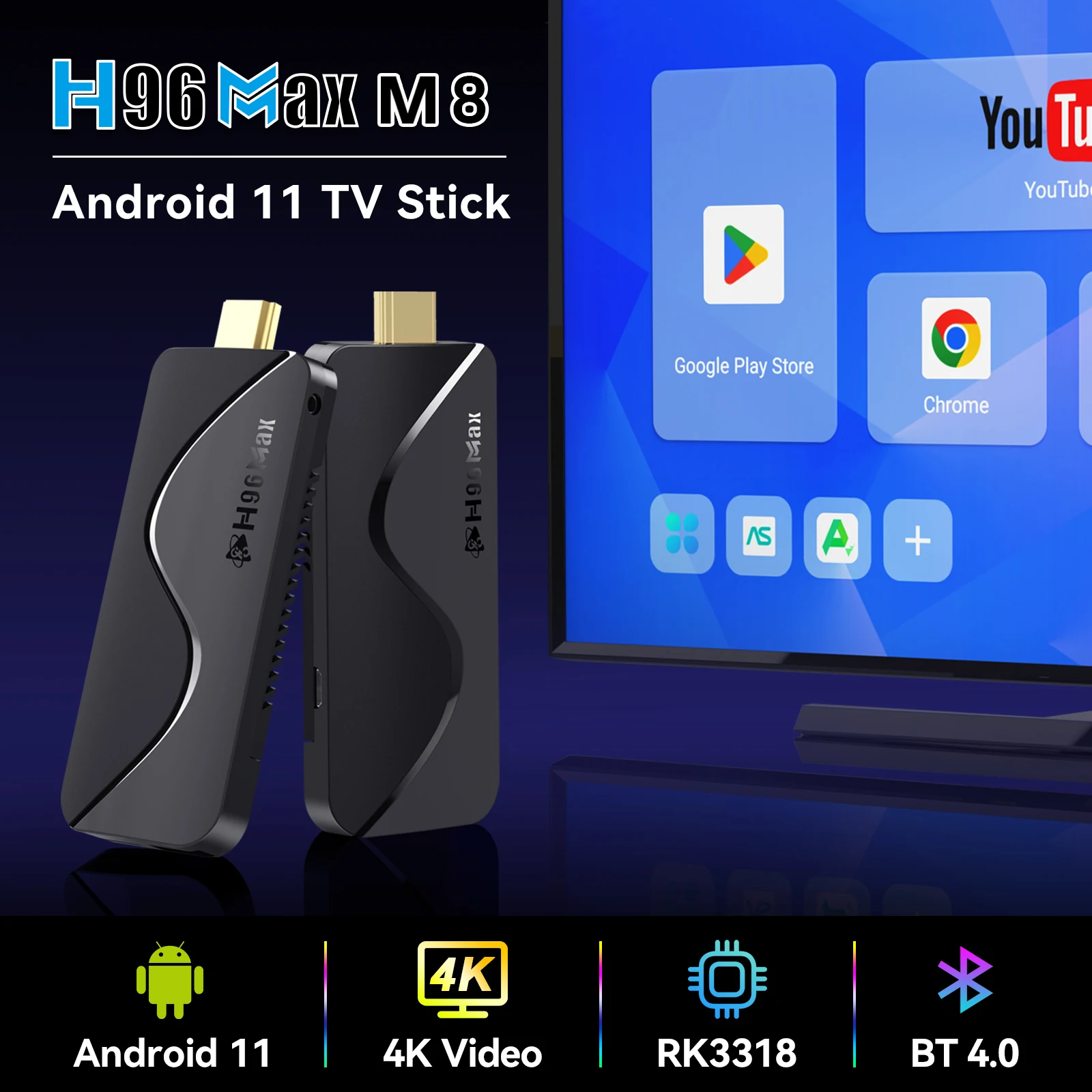 H96MAX M8 Smart TV Stick RK3318 TV Box Android 11 BT 4.0 4K 1G8G Set Top Box Media Player With BT RC