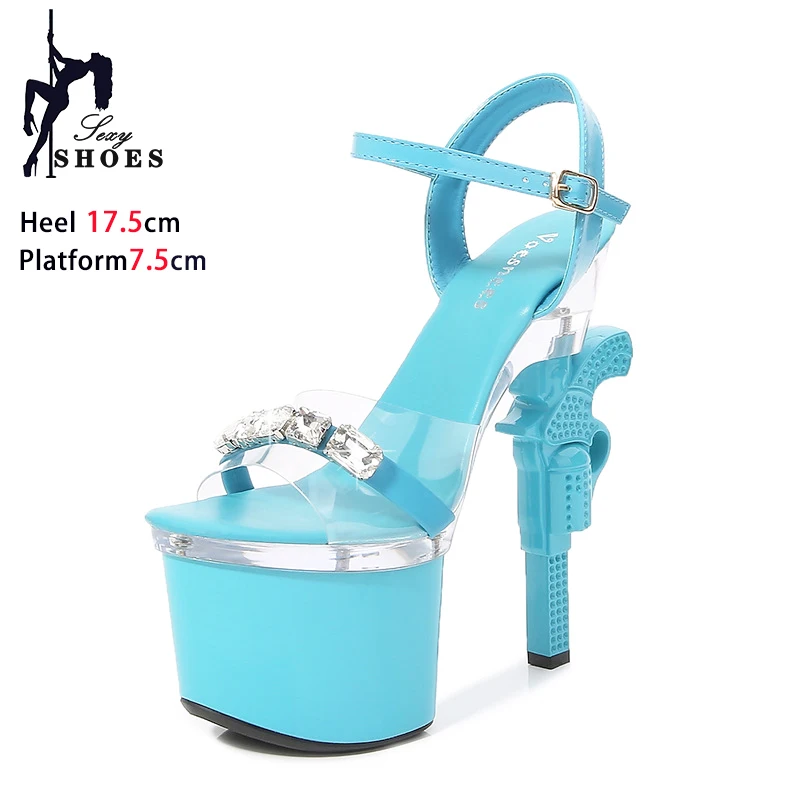 17.5CM/7Inch Super High Heels Strange Style Crossdresser Show Thick Platform Sandals Bling Rhinestone Transparent Women Shoes