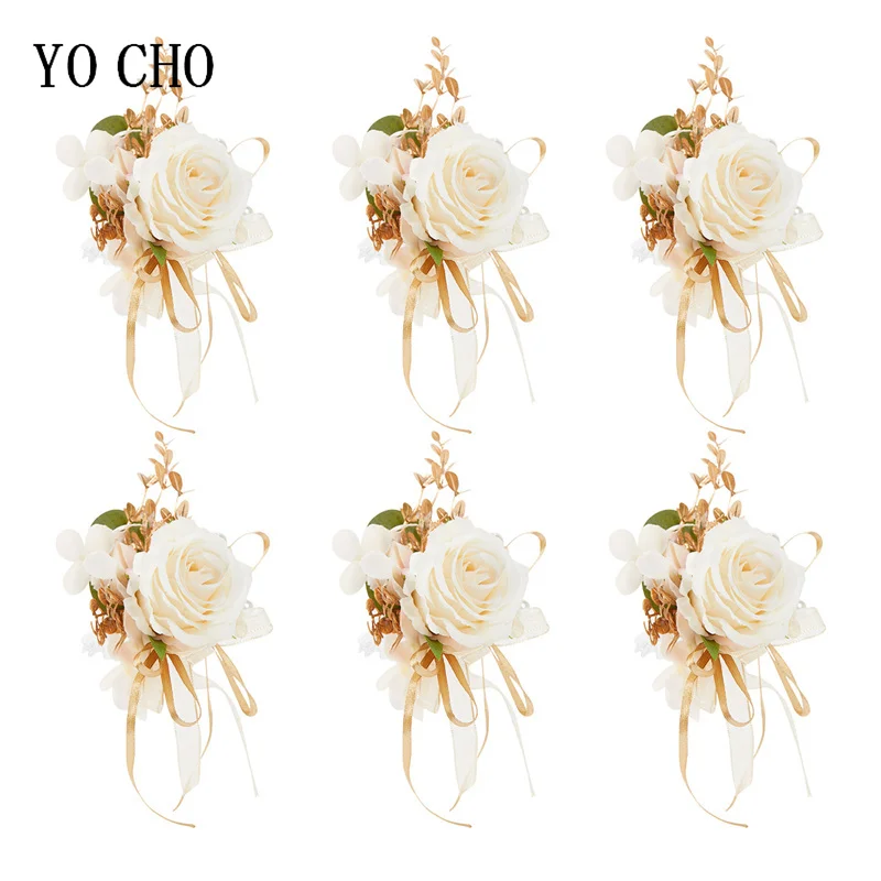 Wit Rose Pols Corsage 6 Pcs Wedding Bridal Bruidsmeisje Pols Bloem Meisje Hand Bloemen Polsbandje Polsbandje Armband Bloemen