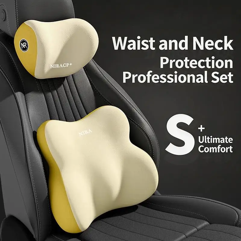Car Seat Lumbar Support and Neck Headrest Pillow Set Adjustable Memory Foam Relieve Neck Back Pain for Long Trip Drivers