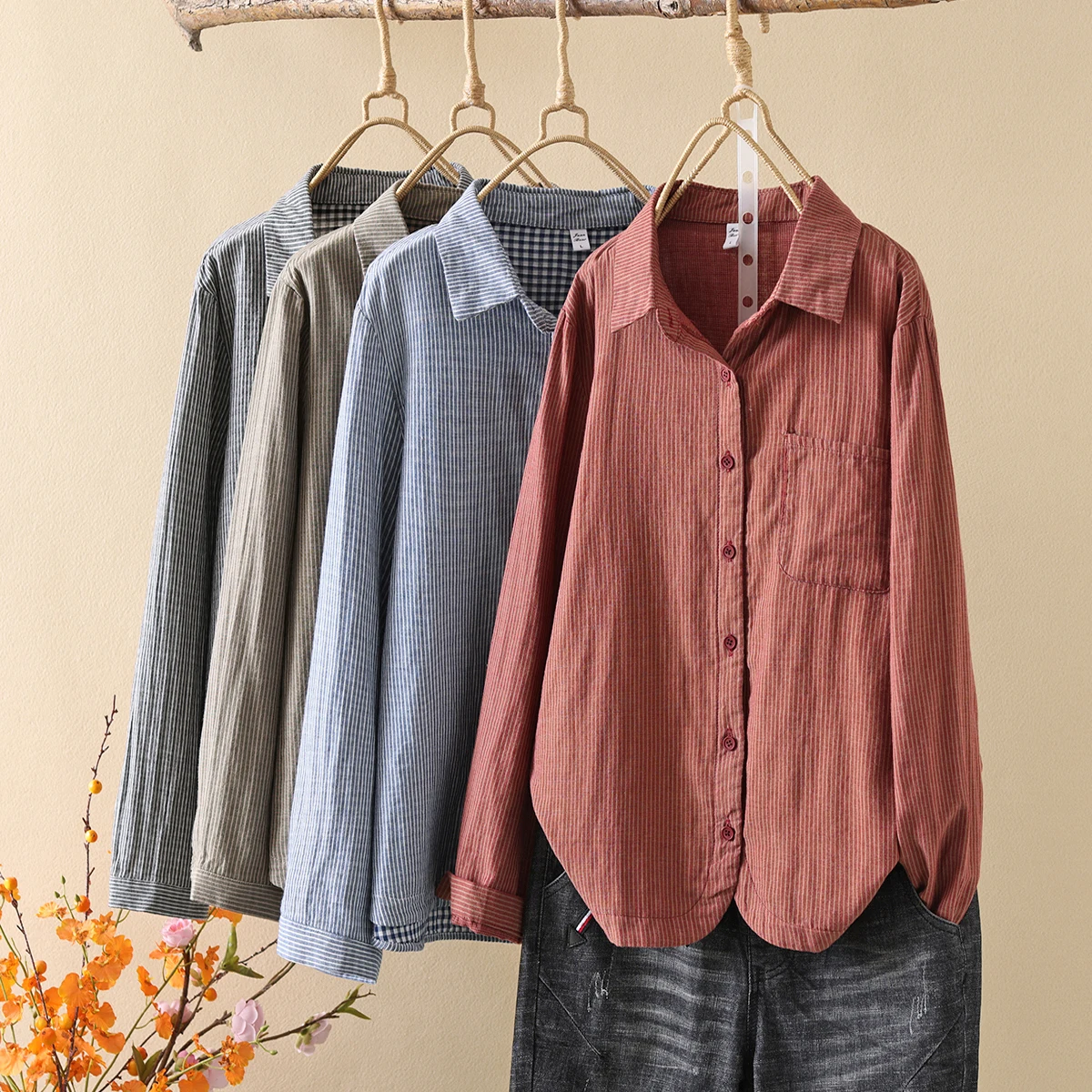 

Блузка Женская Офисная в полоску, хлопковая рубашка с отложным воротником и длинным рукавом, уличная одежда, осень-весна