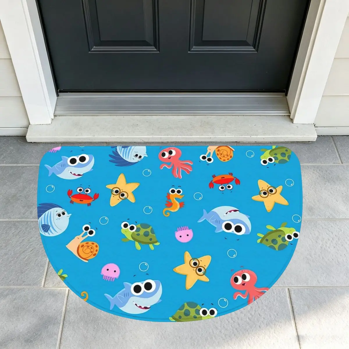 Finny The Shark Soft Flannel Half Round Doormat Non Slip Bathroom Mat Absorbent Floor Carpet for Laundry Room Bathroom