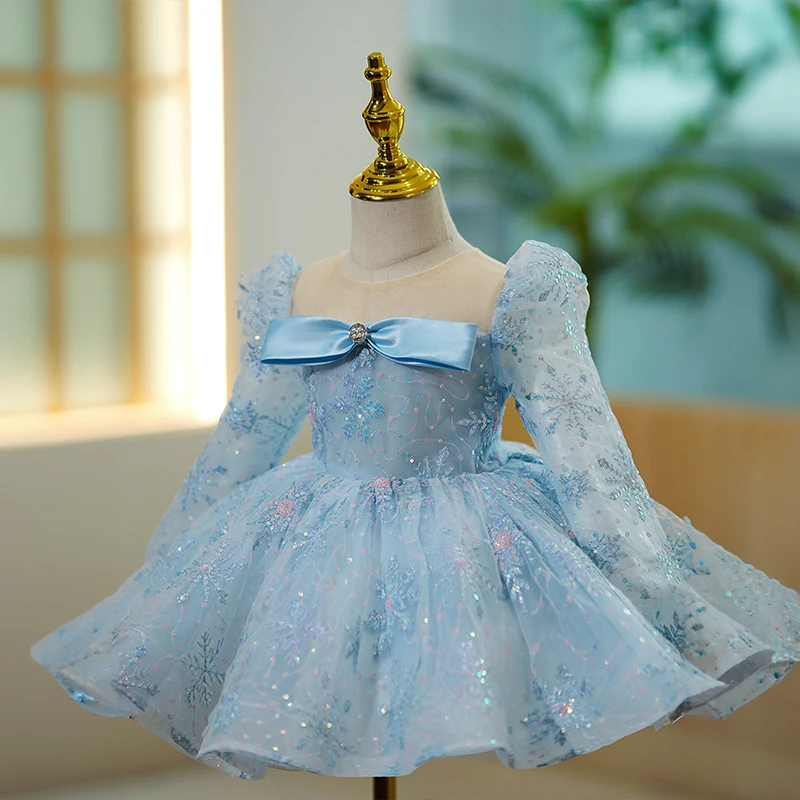 Children Eid Holidays Elegant Girls Blue Dress Birthday Party Evening Ball Gowns Formal Kids Luxury Pageant Gala Short Dresses